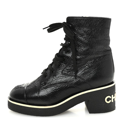 Shiny Crumpled Lambskin Lace Up Combat Boots Black