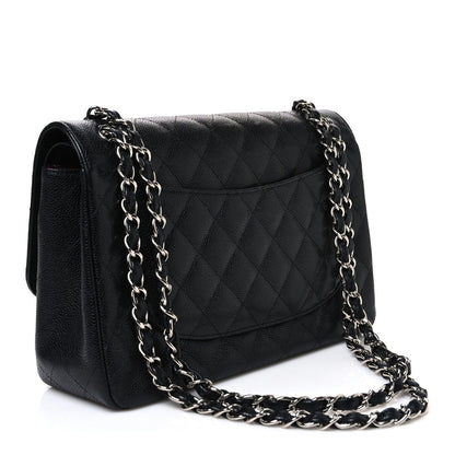Quilted Caviar Flap Shoulder Bag - Black