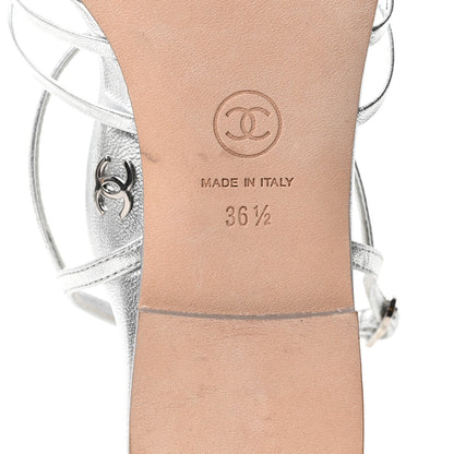 Chanel Laminated Lambskin Women's CC Sandals 36.5 Silver