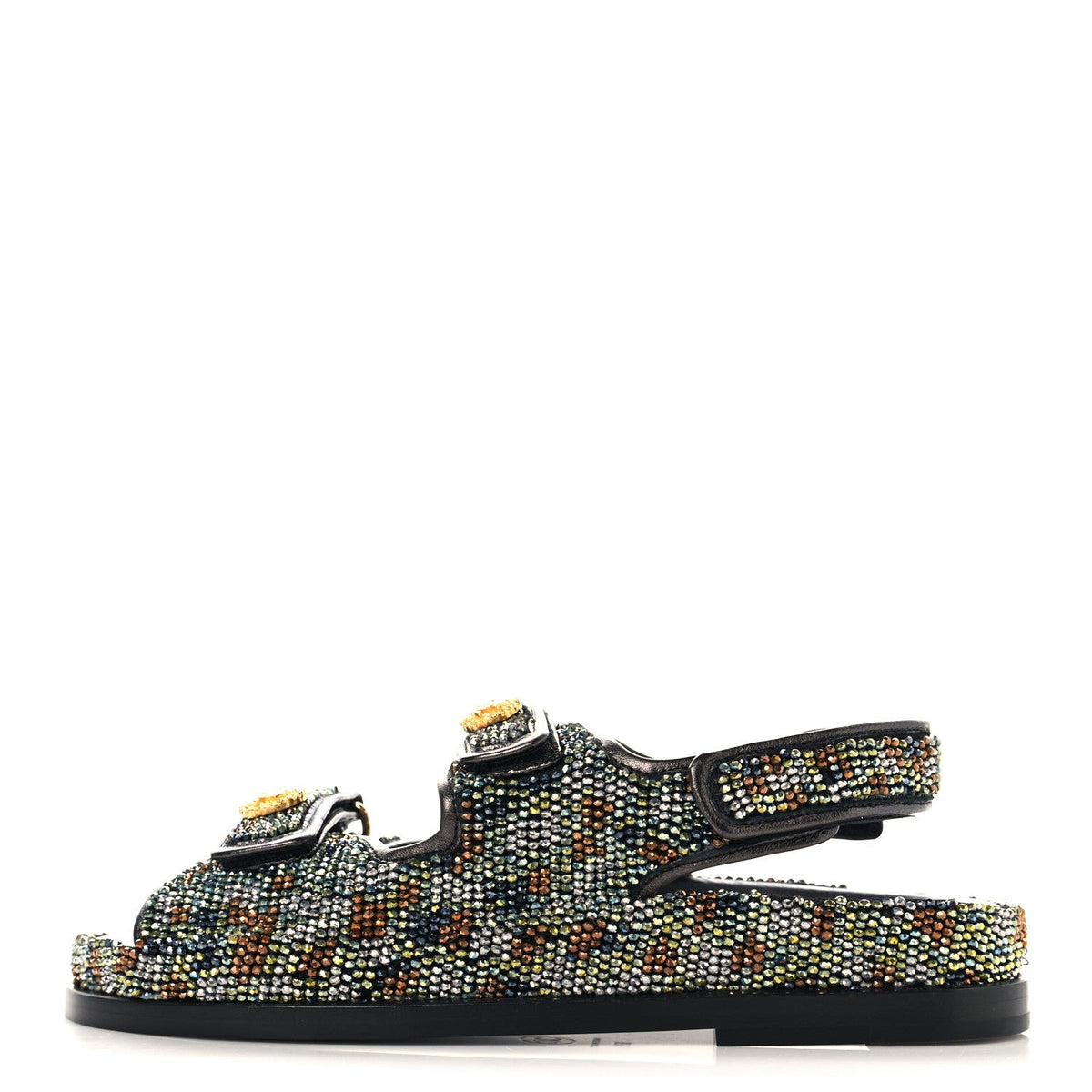 Grained Calfskin Crystal Velcro Dad Sandals Black Multicolor