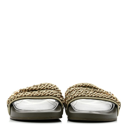 Chanel Canvas Women's Chain Flat Sandals 38 Khaki