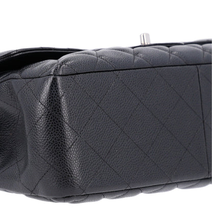 Quilted Caviar Flap Shoulder Bag - Black