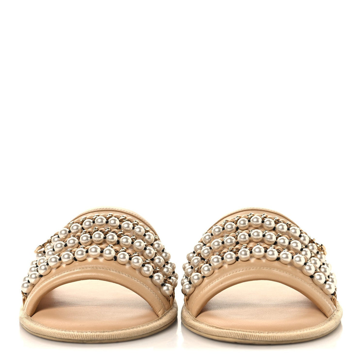 Chanel Lambskin Women's Pearl Chain Flat Slipper Sandals M Beige