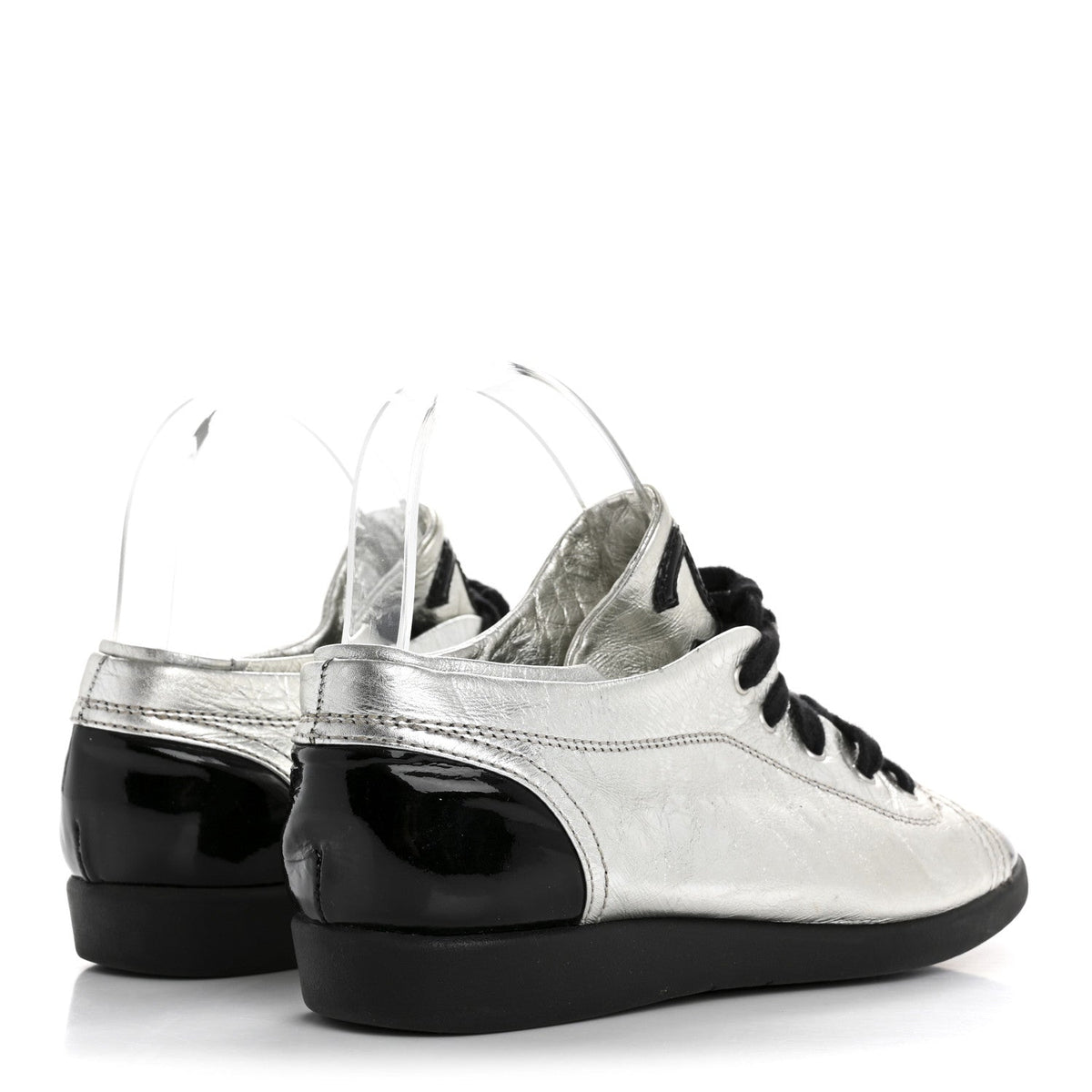 Chanel Metallic Lambskin Patent Women's Cap Toe CC Sneakers 38.5 Silver Black