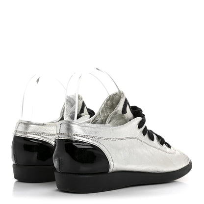 Chanel Metallic Lambskin Patent Women's Cap Toe CC Sneakers 38.5 Silver Black