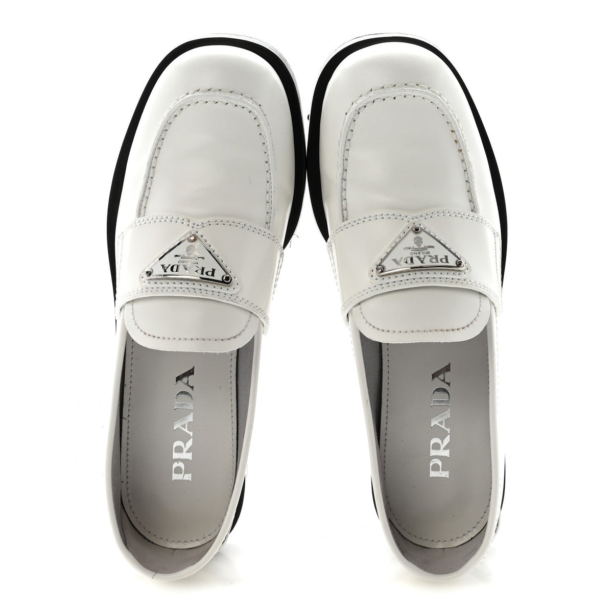 Prada Spazzolato Metal Triangle Logo 20mm Women's Loafers White