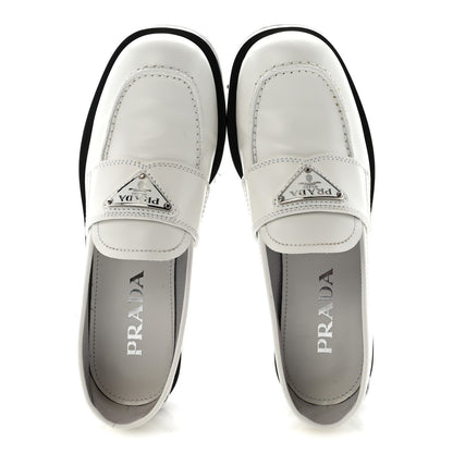 Prada Spazzolato Metal Triangle Logo 20mm Women's Loafers White