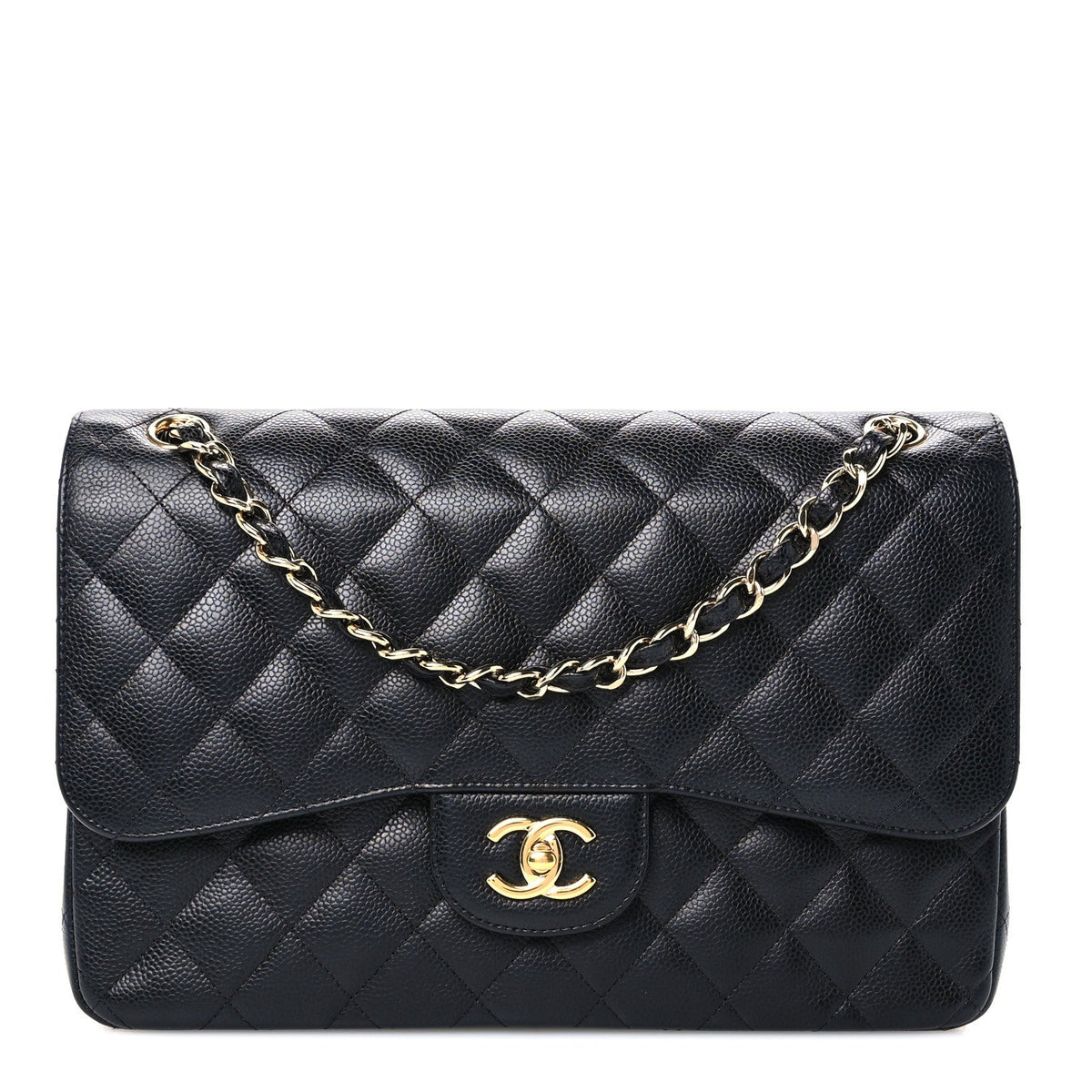 Quilted Caviar Flap Shoulder Bag - Black