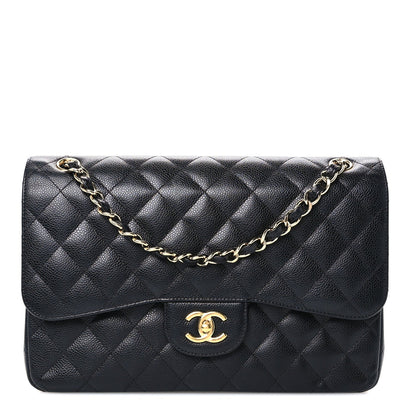 Quilted Caviar Flap Shoulder Bag - Black