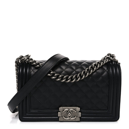 Medium Quilted Lambskin Flap Shoulder Bag - Black