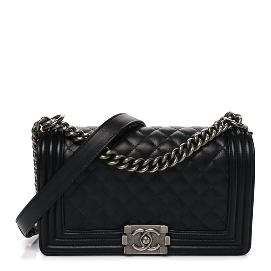 Medium Quilted Lambskin Flap Shoulder Bag - Black
