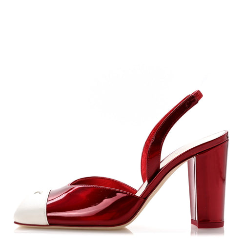 Laminated Calfskin Lambskin Square Cap Toe CC Slingback Pumps Red Ivor