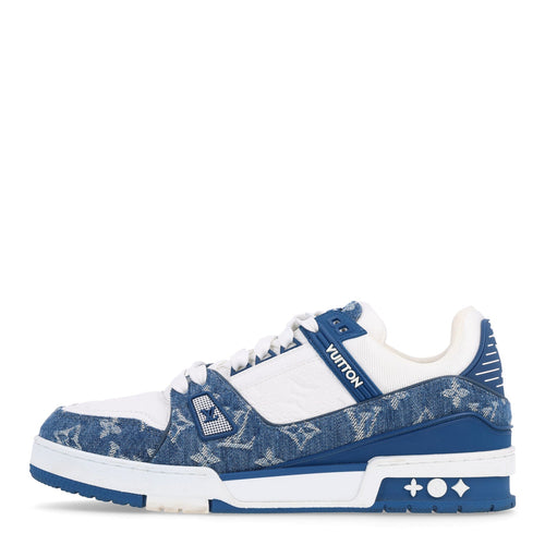 Calfskin Embossed Monogram Denim LV Trainer Sneakers Blue