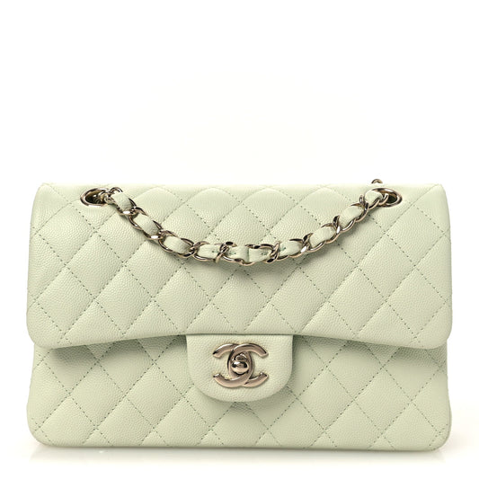 Small Quilted Caviar Flap Shoulder Bag - Light Green