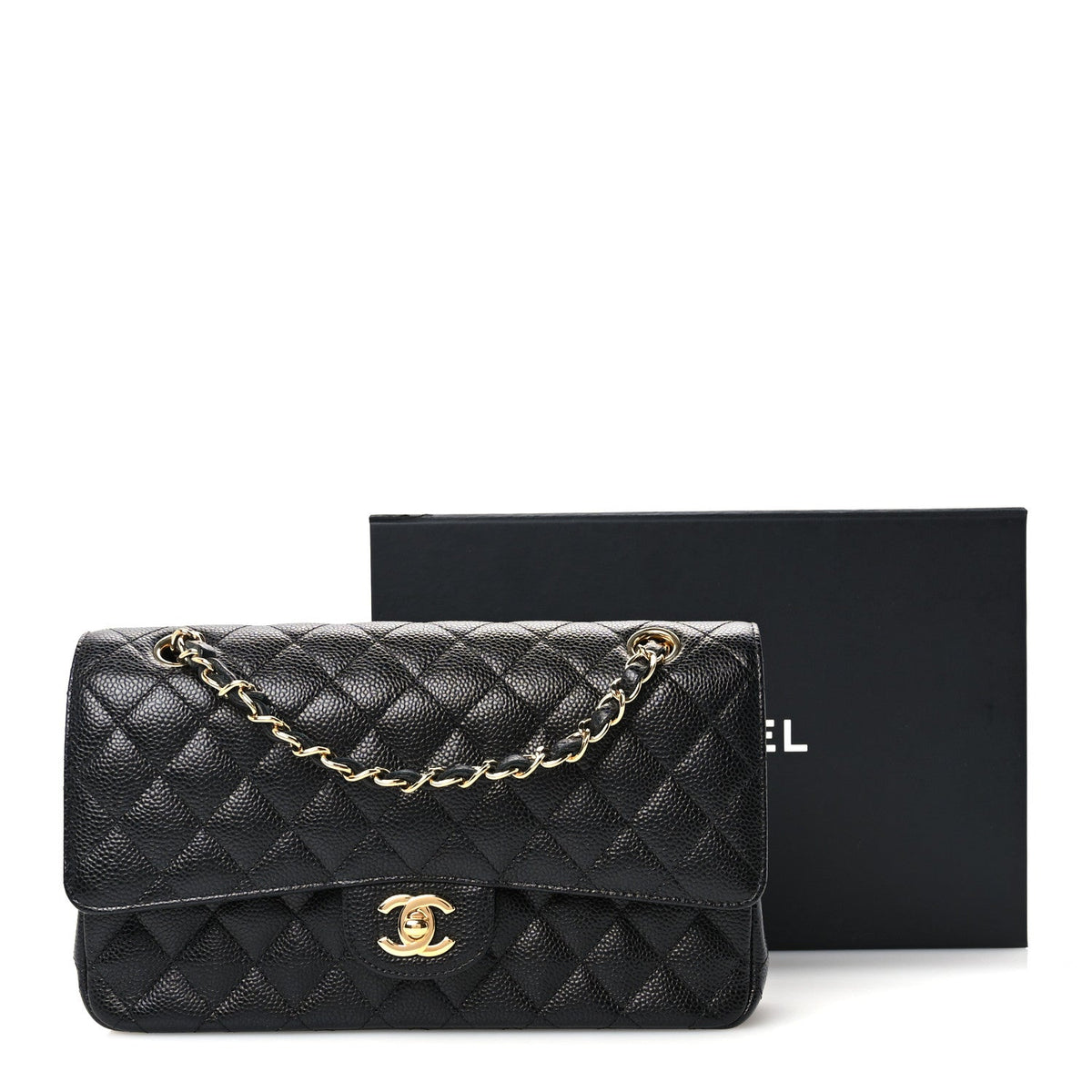 Medium Quilted Caviar Flap Shoulder Bag - Black