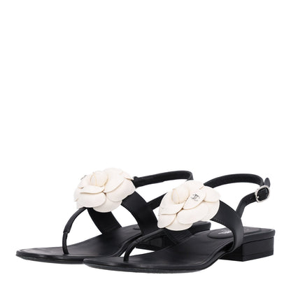 Chanel Lambskin Camellia Women's Thong Sandals 36.5 Black White