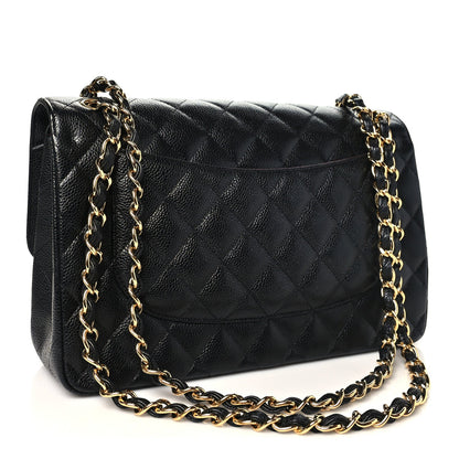 Quilted Caviar Flap Shoulder Bag - Black