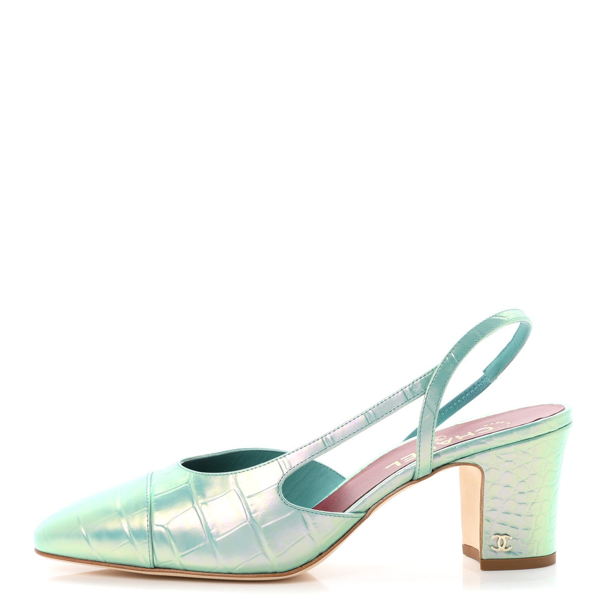 Iridecent Calfskin Crocodile Embossed CC Cap Toe CC Slingback Pumps Gr
