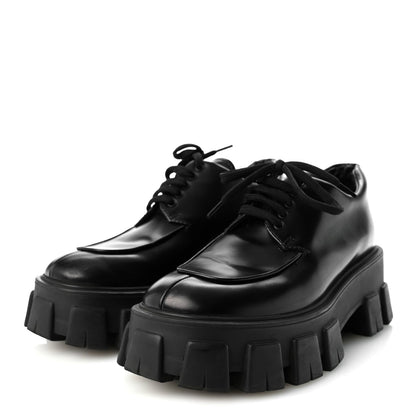 Prada Spazzolato Calfskin Women's Monolith Derby Loafers 36.5 Black