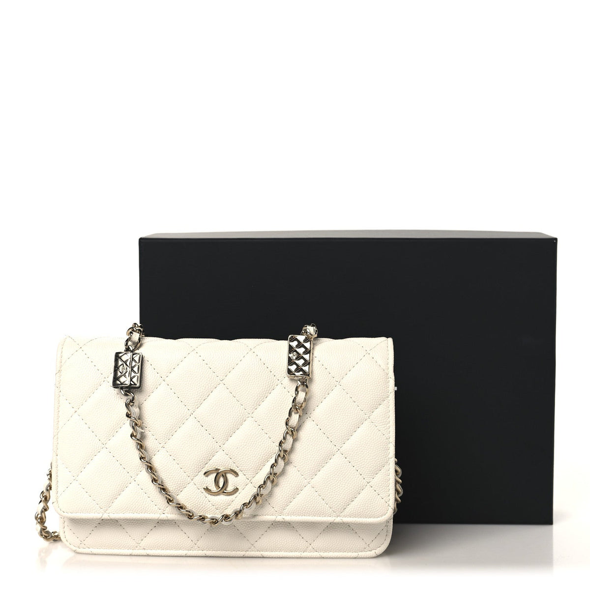 Quilted Caviar Flap Shoulder Bag - White