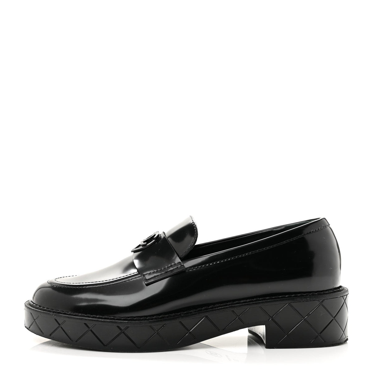 Shiny Calfskin Quilted CC Mocassin Loafers Black