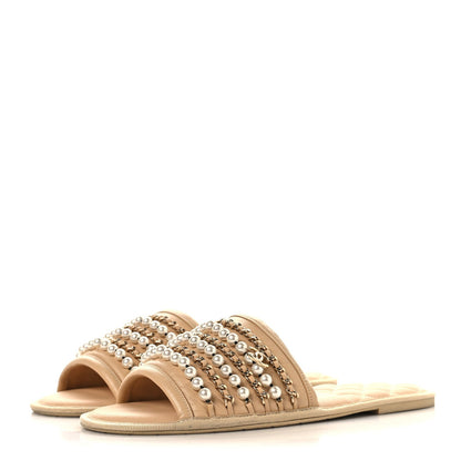Chanel Lambskin Women's Pearl Chain Flat Slipper Sandals M Beige