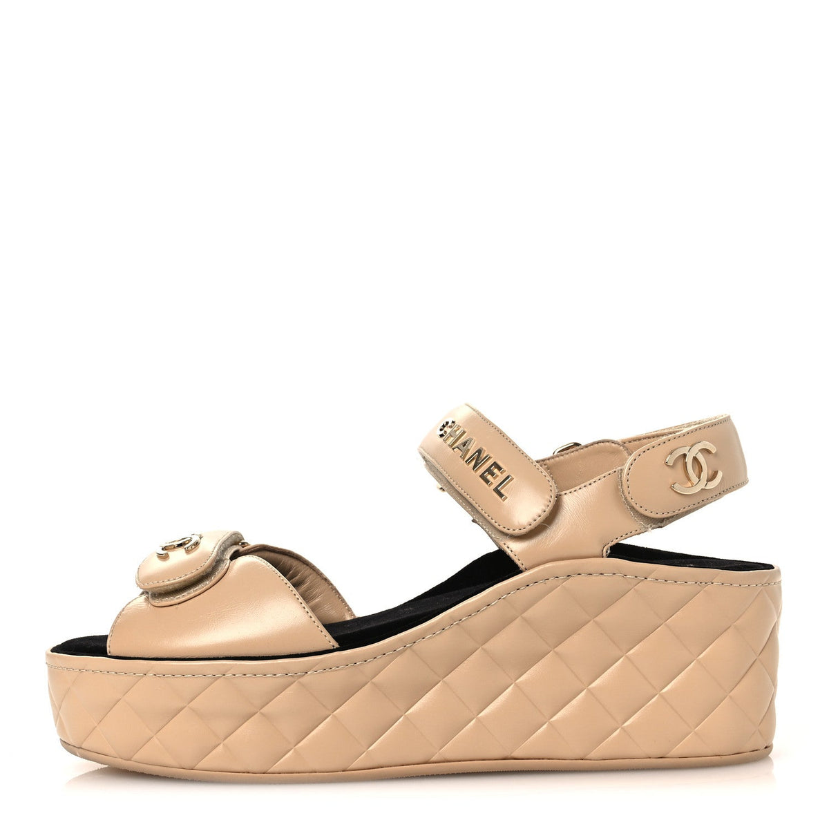 Shiny Calfskin Logo Platform Sandals Beige