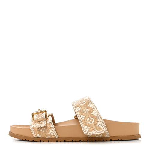 Raffia Monogram Bom Dia Flat Mule Sandals Natural
