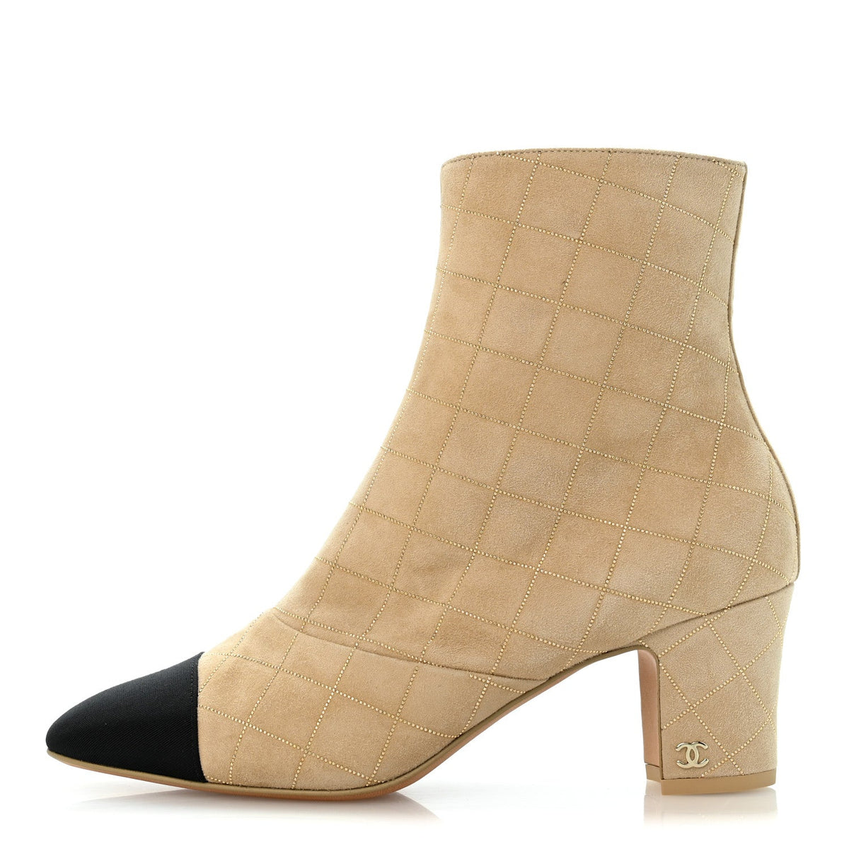 Suede Goatskin Grosgrain Quilted Cap Toe Short Boots Beige Golden Blac