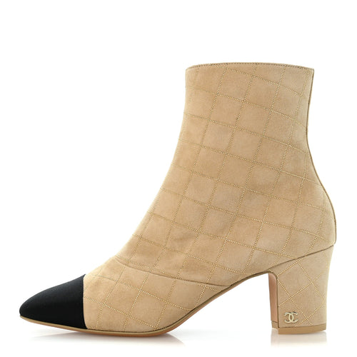 Suede Goatskin Grosgrain Quilted Cap Toe Short Boots Beige Golden Blac
