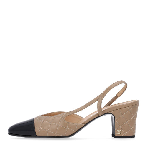 Lambskin Patent Calfskin Quilted Cap Toe CC Slingback Pumps Beige Blac
