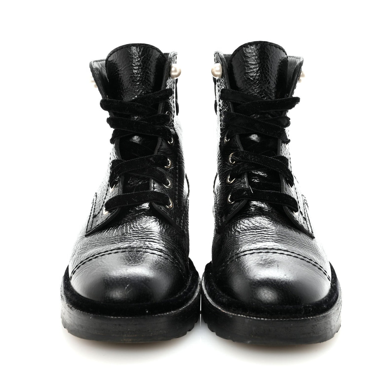 Chanel Shiny Calfskin Velvet Pearl Women's Combat Short Boots 38.5 Black