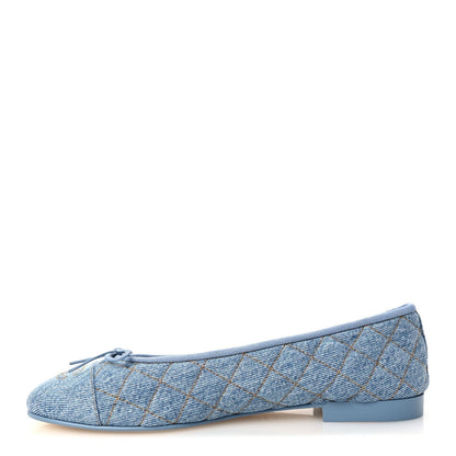 Chanel Denim Quilted CC Cap Toe Women's Ballerina Flats Light Blue