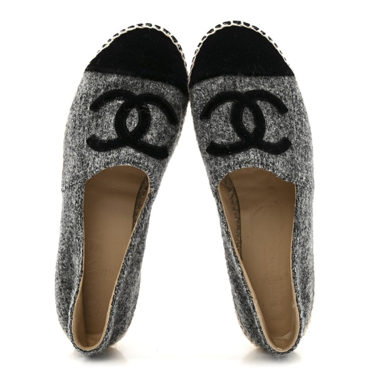 Chanel Tweed Velvet Women's CC Espadrilles 38 Grey Black