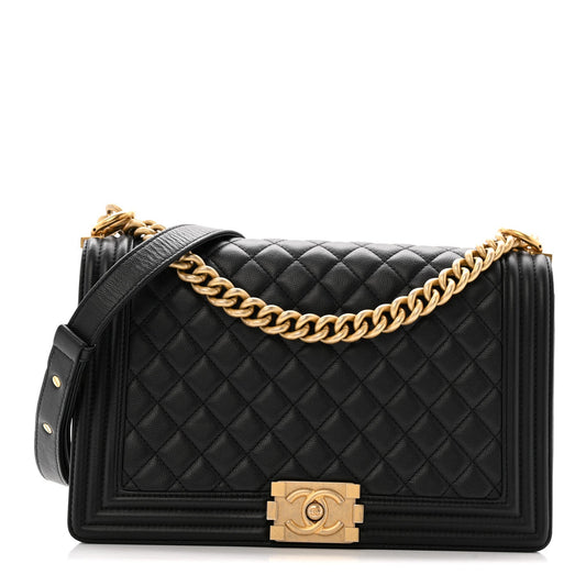 Medium Quilted Caviar Flap Shoulder Bag - Black