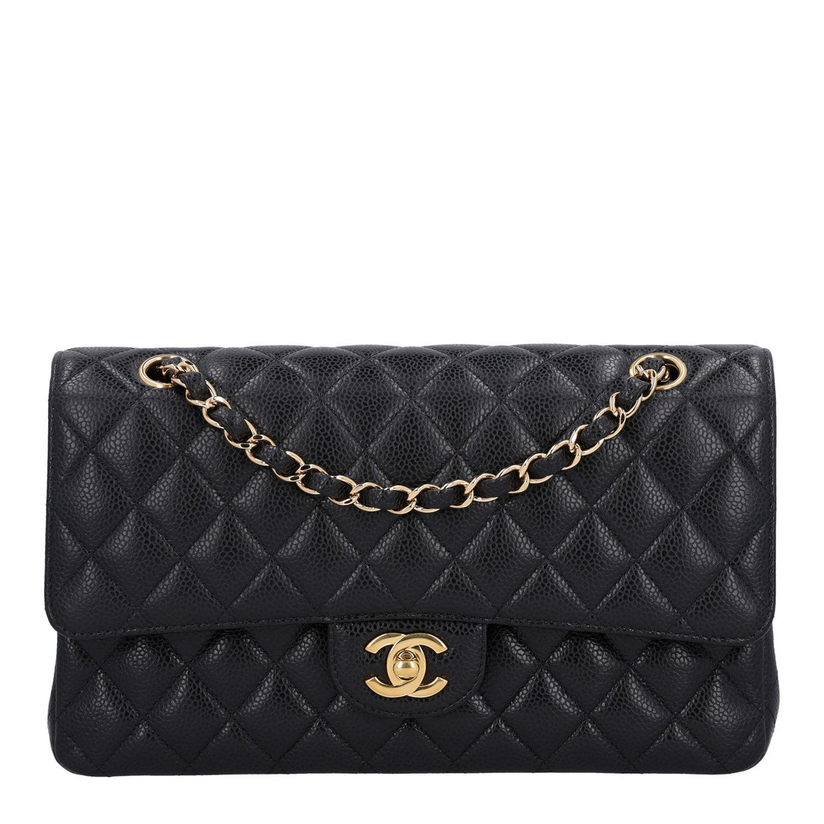 Medium Quilted Caviar Flap Shoulder Bag - Black