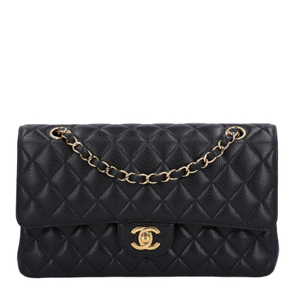 Medium Quilted Caviar Flap Shoulder Bag - Black