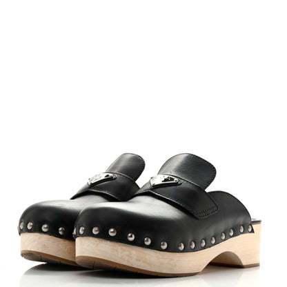 Prada Calfskin Women's Metal Triangle Logo 45mm Clogs 40 Black