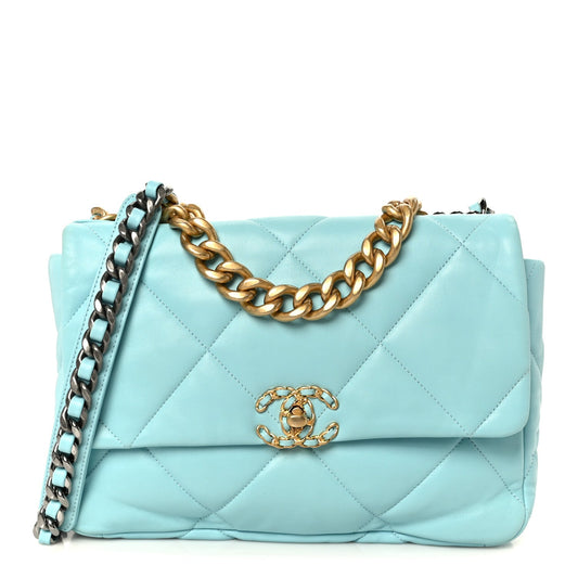 Large Quilted Lambskin Flap Shoulder Bag - Light Blue