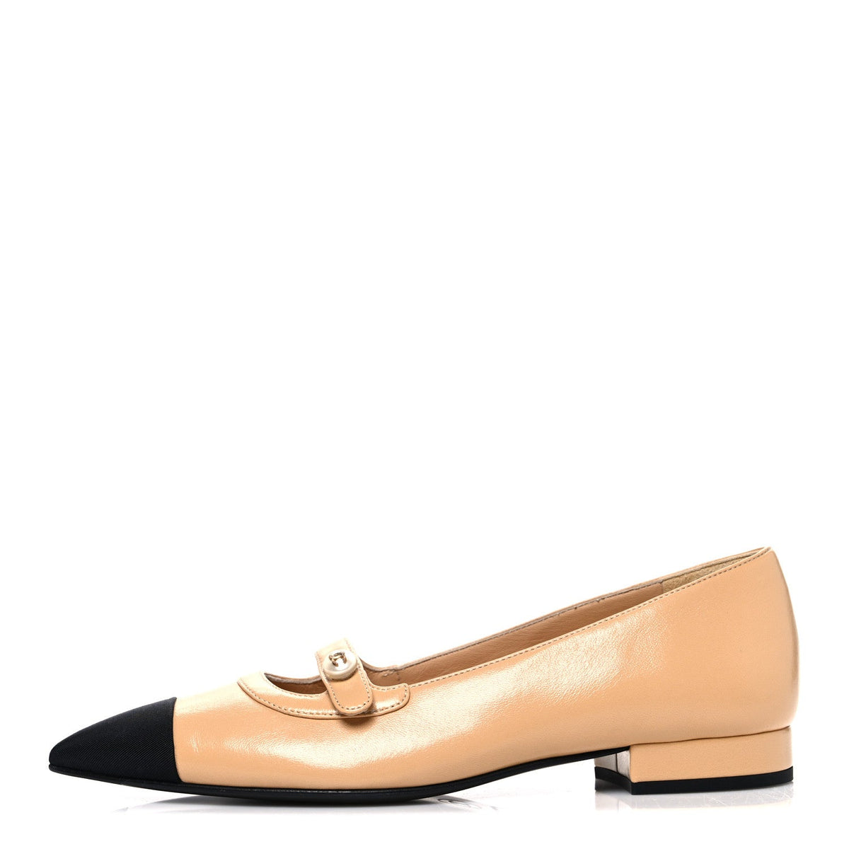 Shiny Lambskin Grosgrain Pointed Toe CC Ballet Flats Beige Black