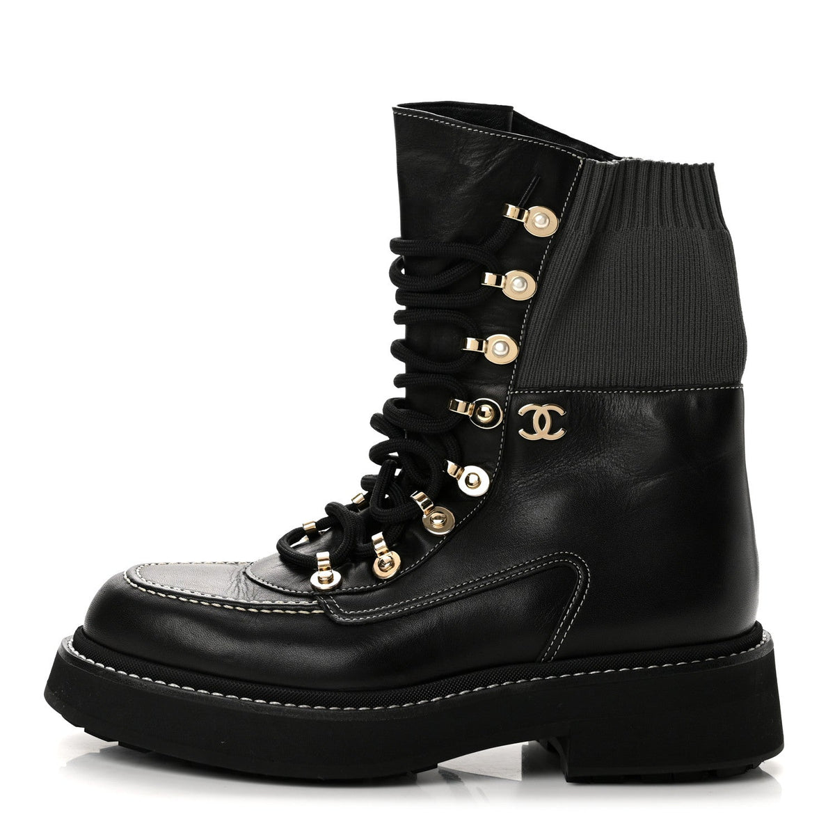 Chanel Calfskin Knit Lace Up Women's Combat Boots