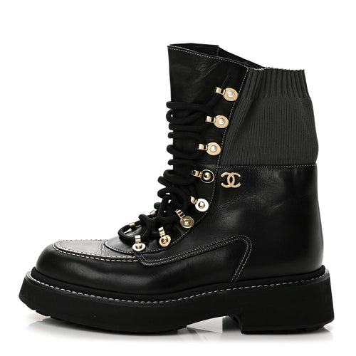Chanel Calfskin Knit Lace Up Women's Combat Boots
