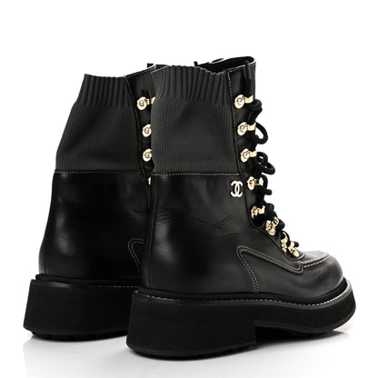 Chanel Calfskin Knit Lace Up Women's Combat Boots