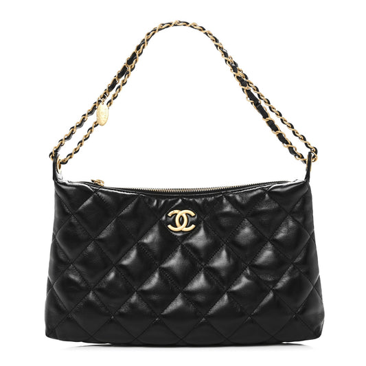 Quilted Lambskin Hobo Bag - Black