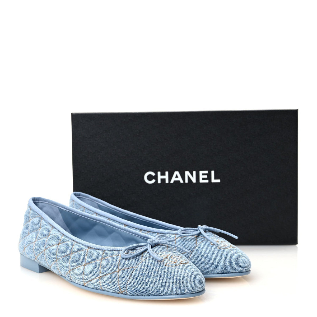Chanel Denim Quilted CC Cap Toe Women's Ballerina Flats Light Blue