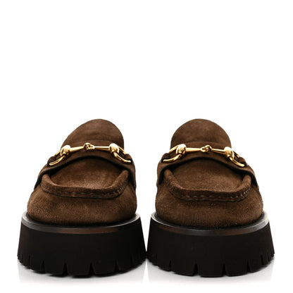 Gucci Suede Women's Horsebit Platform Mules 37.5 Washed Brown