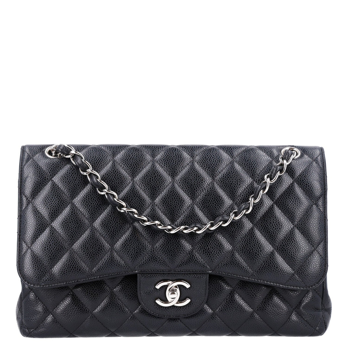 Quilted Caviar Flap Shoulder Bag - Black