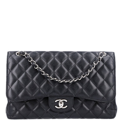 Quilted Caviar Flap Shoulder Bag - Black