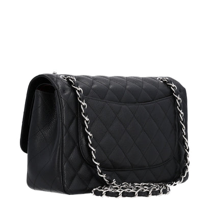 Quilted Caviar Flap Shoulder Bag - Black
