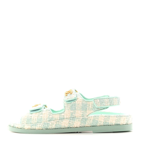 Wool Tweed Velcro Dad Sandals Light Blue Ivory